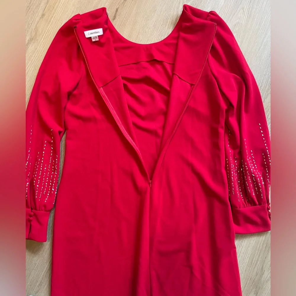 Calvin Klein Red Long-Sleeve Embellished Shift Dress - Picture 11 of 14